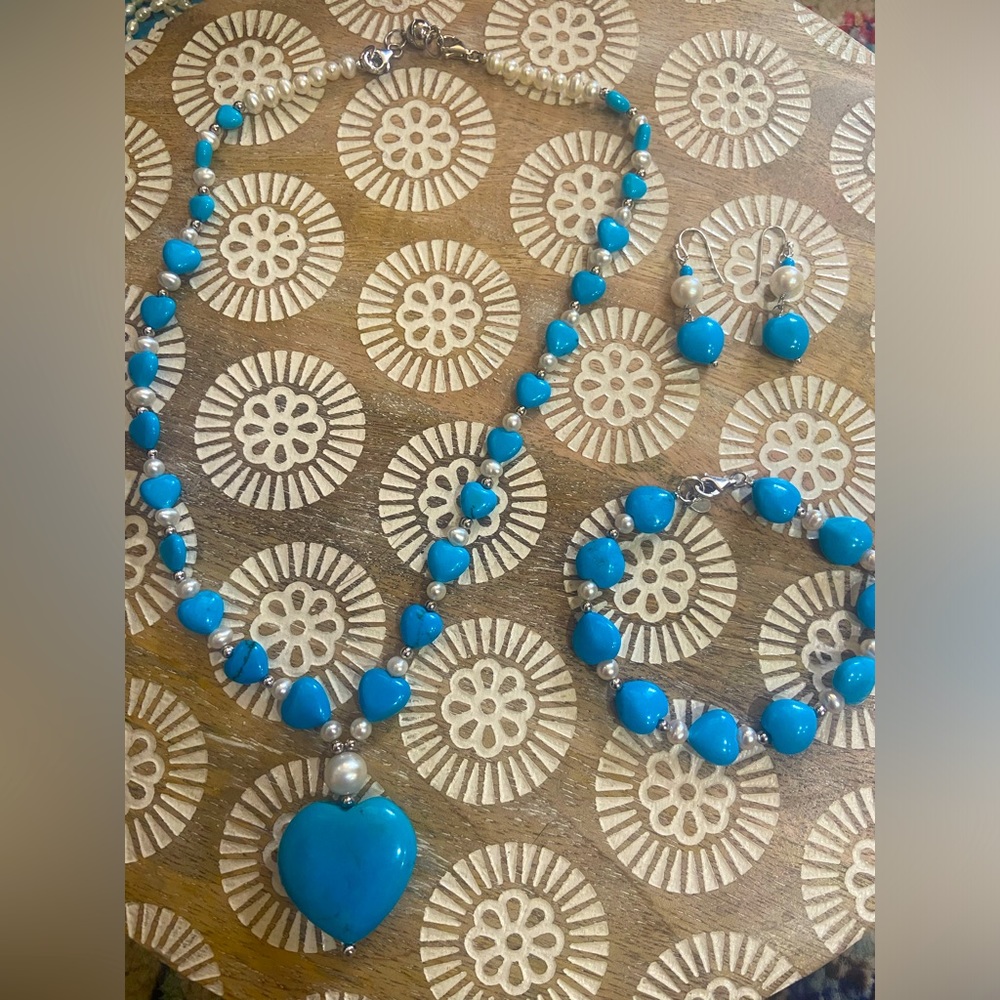 Danbury Turquoise fresh water pearl necklace heart necklace set on .925